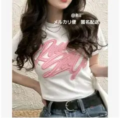 半袖Tシャツ　刺繍ロゴ　ピンク　ホワイトのサムネイル