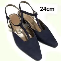 【bazara moda】ポインテッド　紺 スエード　スリング　 24ミュール