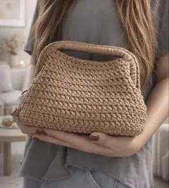 ブラウン　編み物　ハンドバッグ　tシャツヤーン 鍵あみ　ハンドメイド　バック