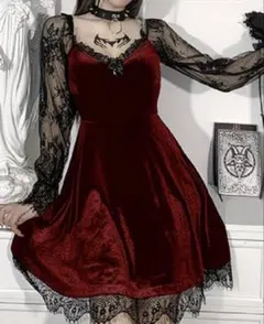 ベロアワンピース 膝丈 ゴシック レース切替 ボルドー ワインレッド 地雷系