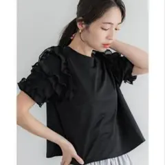 coca 袖フリル半袖トップス M ブラック　フリル　黒