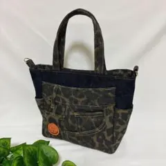 デニムトートバッグ　リメイク　ヒョウ柄　豹柄　ハンドメイド　サイドポケット付き