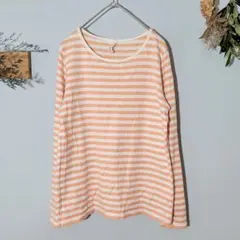 ichi オレンジボーダー 長袖 ロングT シンプル 着回し Uネック 白