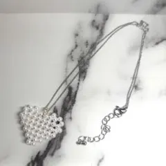 ハンドメイドぷっくり立体パールハートネックレスシルバー金具