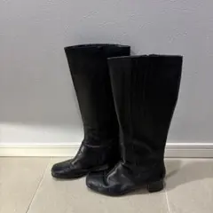 ブラックレザー ロングブーツ 中ヒール