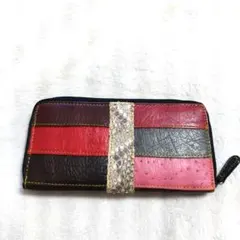 オーストリッチ×パイソン　長財布　ラウンドジップ　パッチワーク　マルチカラー