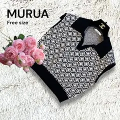 ◆MURUA◆総柄ニットベスト ショート丈 ジャガード F 黒　394S