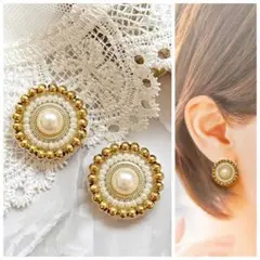 #93 エレガント ♡ パール × ゴールド ビーズ刺繍 ピアス / イヤリング