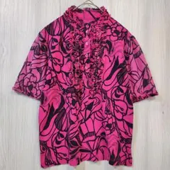 レトロ フリル花柄カットソー ピンク 黒 個性的 ヴィンテージ シアー袖 派手