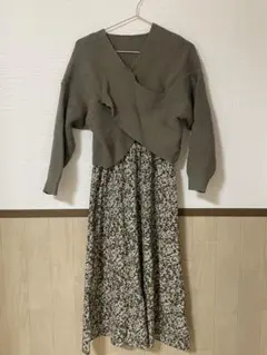 fifth カーキ ニット 花柄ロングワンピース セット