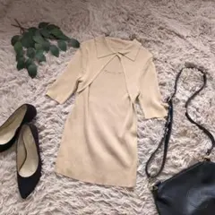 5962❃セゾンドパピヨン❃カットアウトニット【M】ベージュ/襟付き/肌見せ