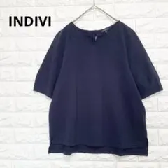 インディヴィ 大きいサイズ ブラウス 半袖 シアサッカー調 紺 日本製P2384のサムネイル