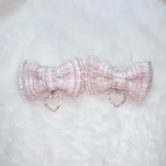 ホワイト ピンク ツイード リボンヘアクリップ ハート スナ系 地雷系 量産型