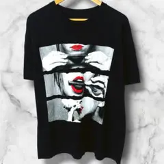 3L vintage 赤リップ モノクロ コラージュ Tシャツ 黒 ストリート