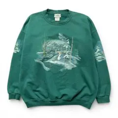 古着 90S カナダ製 冬の風景画 雪だるま 袖プリント ネコ スウェット