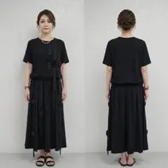 新品 未使用 ブラックフラワー 装飾 セットアップ ゆったりサイズ