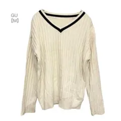 GU/Vネックセーター/リブ編み/春/七分袖/伸縮性/アクリル100%/M/白