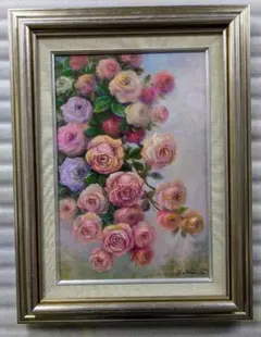 真作 肉筆 キャンバス油彩絵画 薔薇 静物画 新品額縁 インテリア 作家