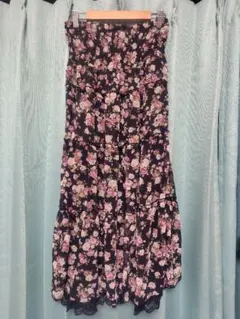 ウエスト ゴム ブラック 花柄フレアロングスカート