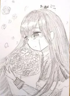 オリジナル手描きイラスト　　花を抱く少女
