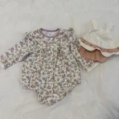 花柄長袖ロンパースと帽子のセット