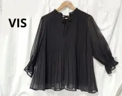 VIS 無地シフォンプリーツスタンドブラウス ブラック