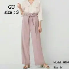 ワイドパンツ　S 　ピンク系　薄紫色 　リボン付き　GU　ジーユー
