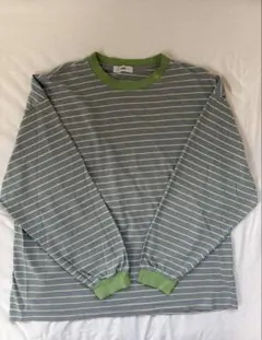 WEGO グレー/グリーン ストライプ 長袖ボーダーロンT