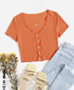 【SHEIN】フロントボタン　リブニット　Tシャツ　オレンジ　レタストリム