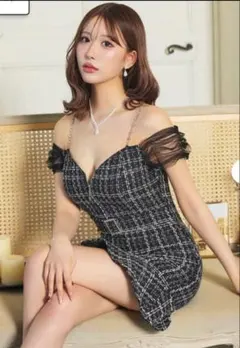 オフショルダー ツイード チェック柄ドレス