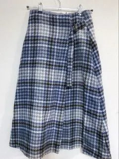 青とグレーのチェック フレアスカート Mサイズ
