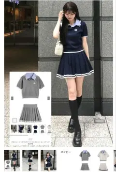 GRL ポロニットトップス×プリーツミニスカートセットアップ