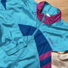 【美品90s】ADIDASトレ刺繍ロゴナイロンジャケットジャージターコイズ青XL