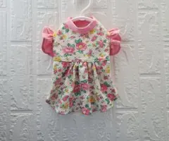 現品限り　胴36　ハンドメイド　花＆ドット柄ギャザーワンピース 　フリル