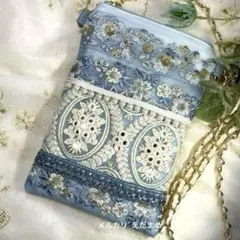 スマホショルダー スマホポシェット サコッシュ インド刺繍リボン クリアブルー