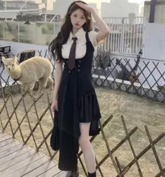 黒いスカートセットアップ シャツ付き ネクタイ付き