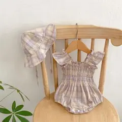 新品　パープル70cm｜チェック柄ロンパースと帽子セット 韓国子供服　ベビー服