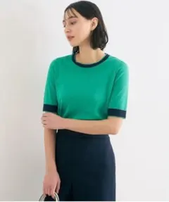 ANAYI 半袖ニット クルーネック バイカラー グリーンのサムネイル