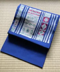 名古屋帯 青 幾何学模様　ブルー