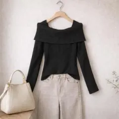INGNI♡オフショルニットトップス 黒 リブ 長袖 Mのサムネイル