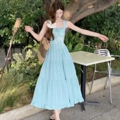 春夏フリルリボンロングワンピース❤️デートや女子会に可愛いリゾートスタイル