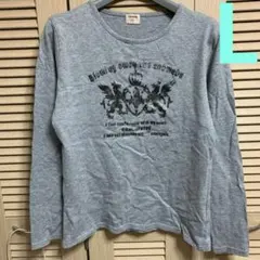 レディース　春秋　L クルーネックラメプリントビジュー付きTシャツグレー