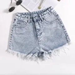 デニムショートパンツ ライトブルー フリンジヘム　SHEIN