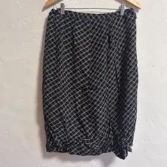 古着✨チェック柄ひざ丈スカート 黒白 バルーン 裏地付き フリーサイズ