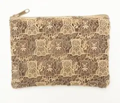 近沢レース　オールレース小物　フラットポーチ（くま・ブラウン）