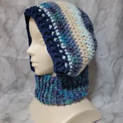 バラクラバ ボンネット コバルトブルー系 ハンドメイド