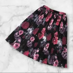 【希少美品】IMAGE　バラ柄　プリーツスカート　ウエストゴム　黒　総柄のサムネイル