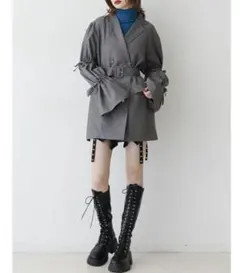 グレー テーラードジャケット リボン袖