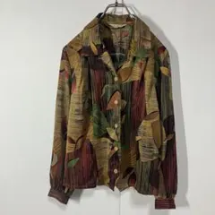 ヴィンテージ　アート　レトロボタン　タック　ダーツ　開襟　ポリ　長袖シャツ　古着