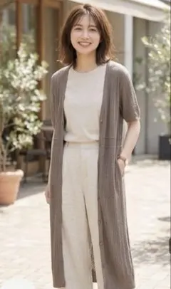 【未着用】GU 編み込み 半袖 ロングカーディガン ブラウン Sのサムネイル